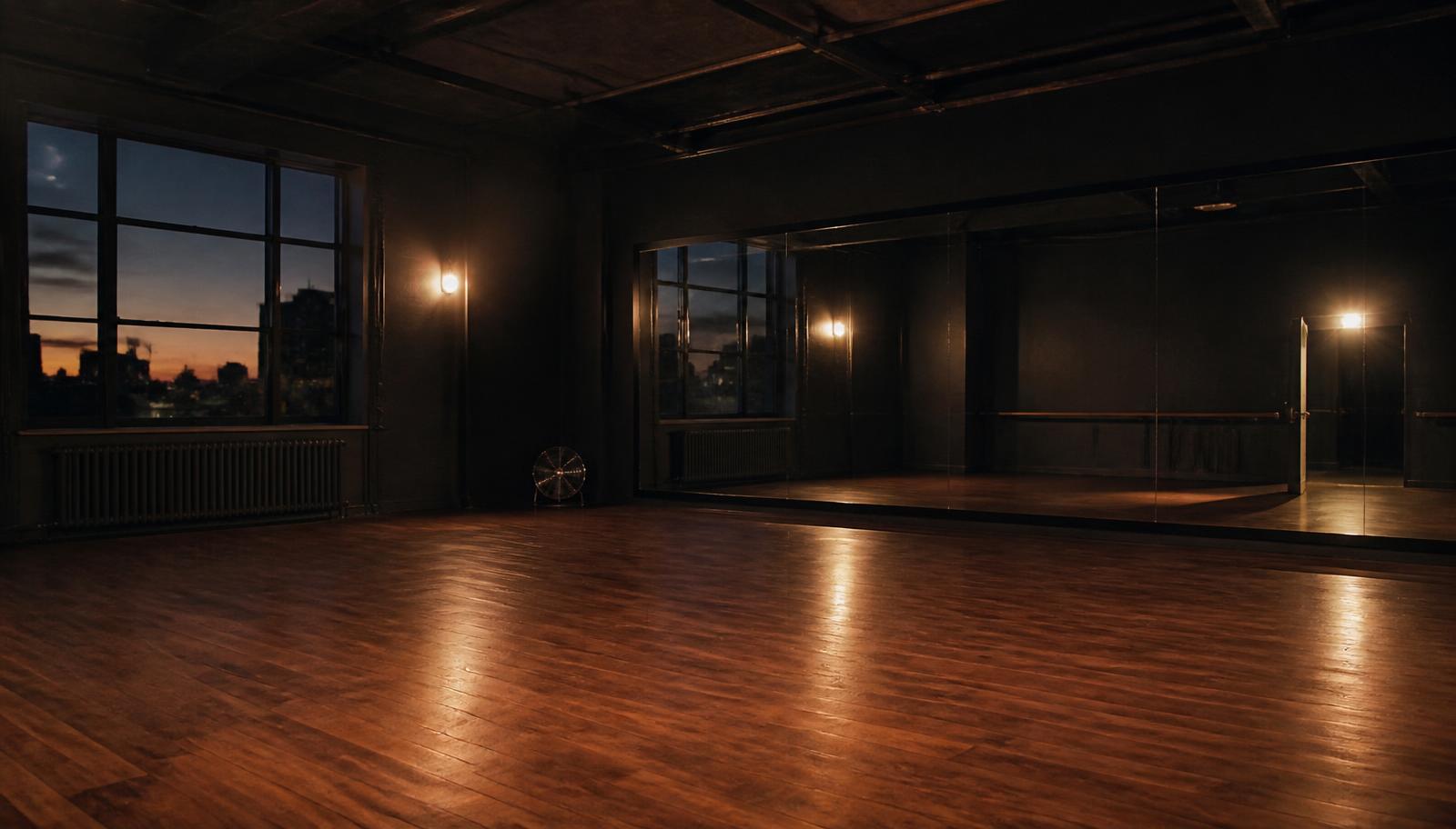 Sala de danza del estudio Mahirel con piso de madera y espejos