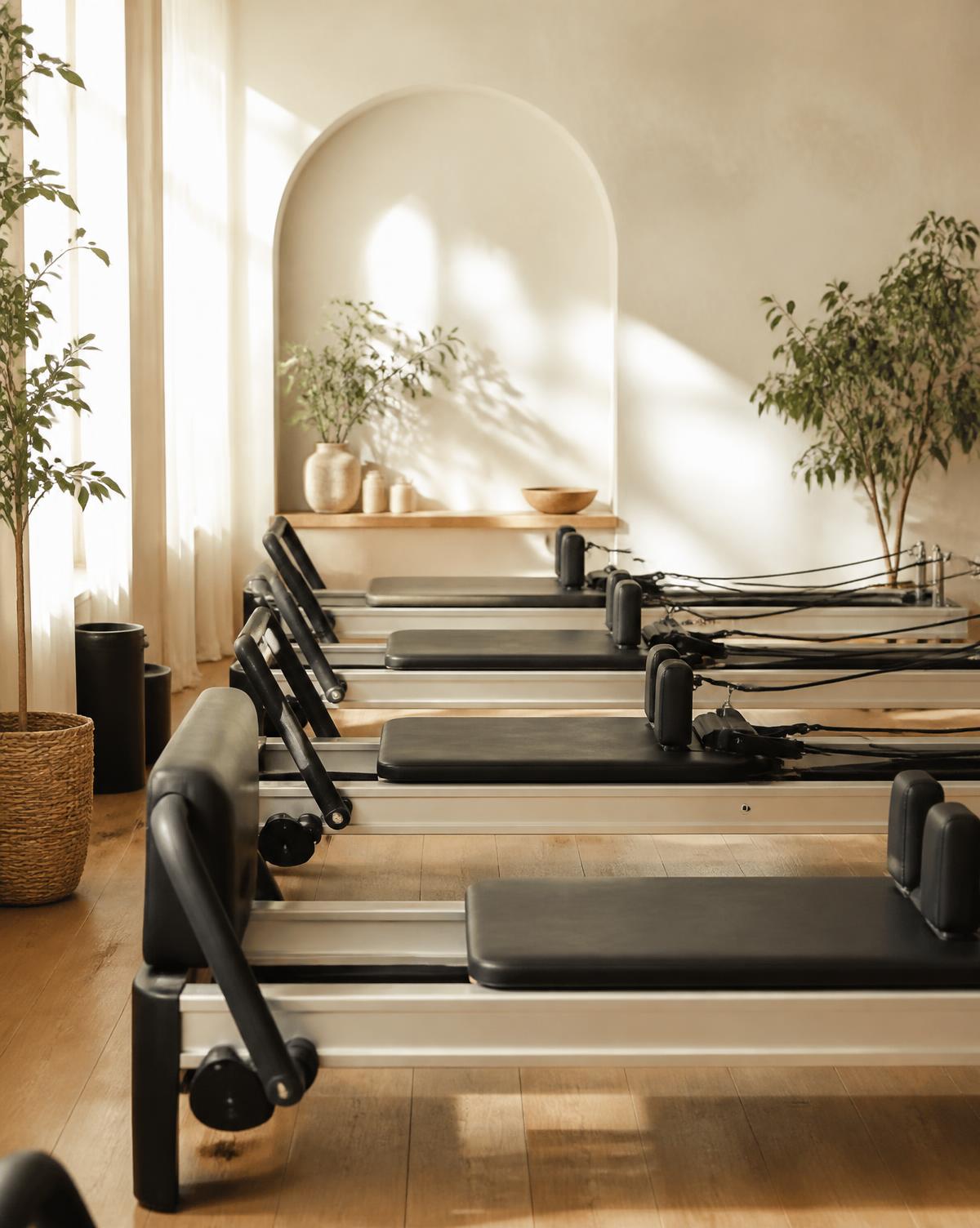 Reformers en el estudio de Pilates con luz natural